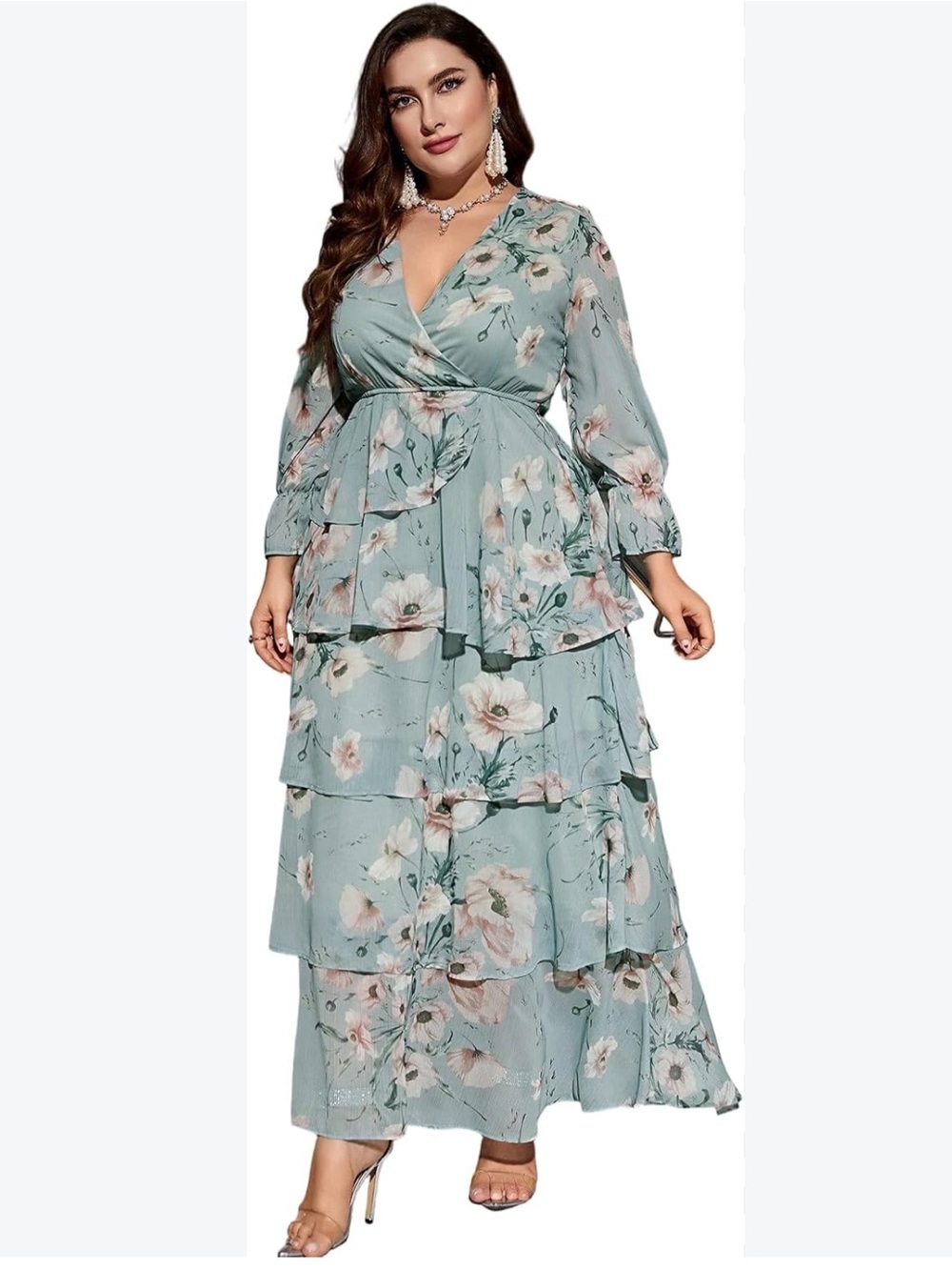 Sage Green Floral boho tiered maxi dress with v neck size Large
